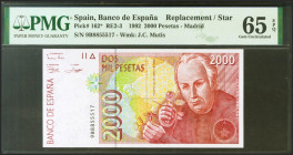 2000 Pesetas. 24 de Abril de 1992. Serie especial 9B. (Edifil 2021: 482Ab, Pick: 164*). Inusual en esta calidad, apresto original. SC. Encapsulado PMG...