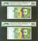 1000 Pesetas. 12 de Octubre de 1992. Pareja correlativa. Serie especial 9B. (Edifil 2021: 483d, Pick: 163*). Apresto original. SC. Encapsulados PMG64E...