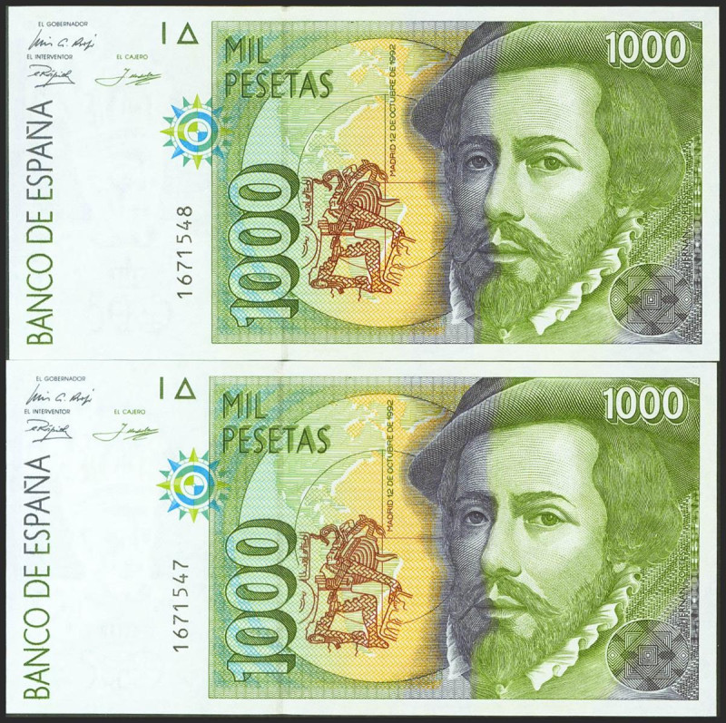 1000 Pesetas. 12 de Octubre de 1992. Pareja correlativa. Sin serie. (Edifil 2021...