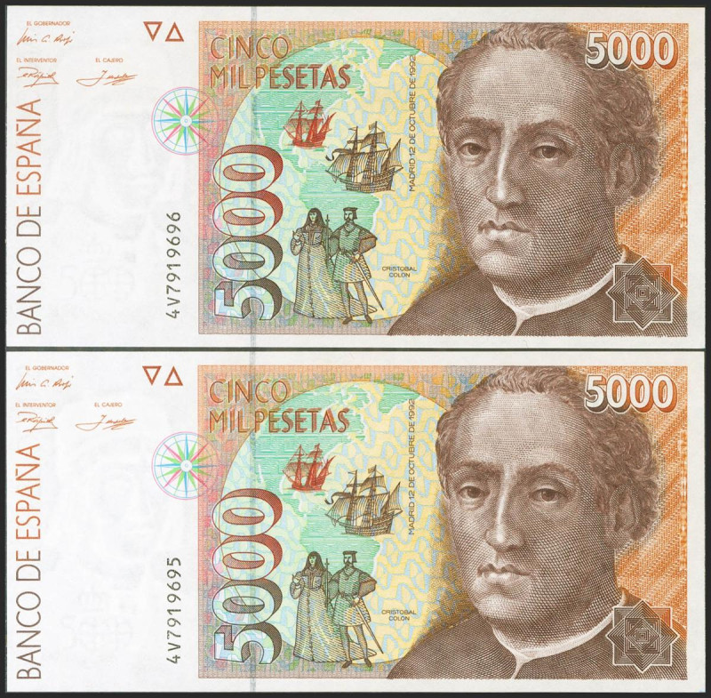 5000 Pesetas. 12 de Octubre de 1992. Pareja correlativa. Serie 4v. (Edifil 2021:...