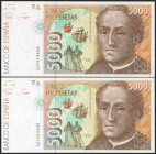 5000 Pesetas. 12 de Octubre de 1992. Pareja correlativa. Serie 4v. (Edifil 2021: 484a). SC.