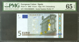 5 Euros. 1 de Enero de 2002. Firma Duisenberg. Serie V (España). (Edifil 2021: 486A, Pick: 8v). Apresto original. SC. Encapsulado PMG65EPQ.