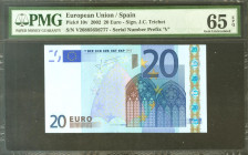 20 Euros. 1 de Enero de 2002. Firma Trichet. Serie V (España). (Edifil 2021: 488A). Apresto original. SC. Encapsulado PMG65EPQ.