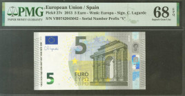 5 Euros. 2 de Mayo de 2013. Firma Lagarde. Serie V (España). (Edifil 2017: 493, Pick: 27v). SC. Encapsulado PMG68EPQ.