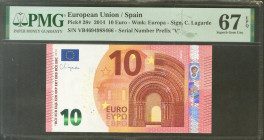 10 Euros. 23 de Septiembre de 2014. Firma Lagarde. Serie V (España). (Edifil 2021: 494, Pick: 28v). Apresto original. SC. Encapsulado PMG67EPQ.