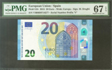 20 Euros. 25 de Noviembre de 2015. Firma Draghi. Serie especial VH (España). (Edifil 2021: 495, Pick: 22v). SC. Encapsulado PMG67EPQ