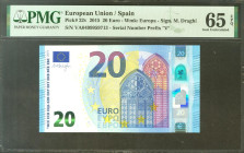 20 Euros. 25 de Noviembre de 2015. Firma Draghi. Serie V (España). (Edifil 2021: 495). Apresto original. SC. Encapsulado PMG65EPQ.