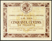 ANDORRA. 50 Centims. 19 de Diciembre de 1936. Sin serie. (Edifil 2021: 1, Pick: 5). Apresto original, puntitos de grapa, sin doblez alguno. EBC+.