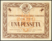 ANDORRA. 1 Pesseta. 19 de Diciembre de 1936. Sin serie. (Edifil 2021: 3, Pick: 6). Apresto original, puntitos de grapa, sin doblez alguno. EBC+.