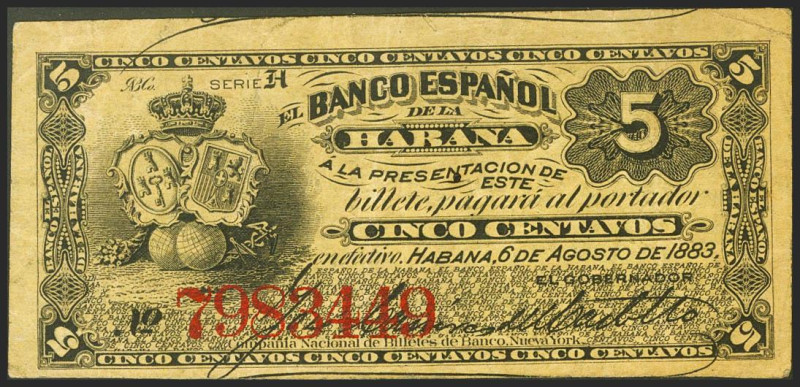 BANCO ESPAÑOL DE LA HABANA. 5 Centavos. 6 de Agosto de 1883. Serie H. (Edifil 20...