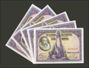 Conjunto de 5 billetes de 100 Pesetas emitidos el 15 de Agosto de 1928, con la serie A. (Edifil 2021: 355a). EBC/EBC-. A EXAMINAR.
