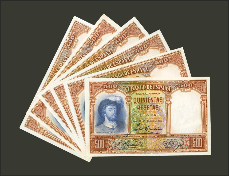 Conjunto de 6 billetes de 500 Pesetas emitidos el 25 de Abril de 1931, sin serie...