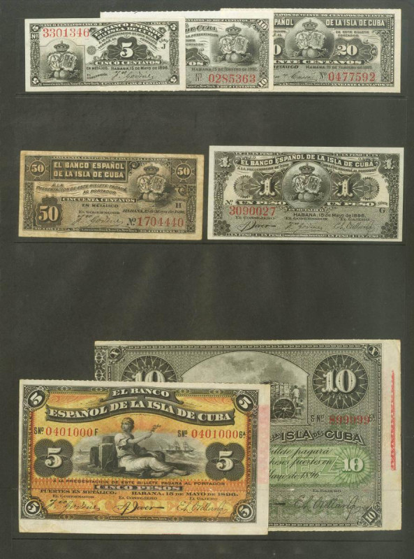 Conjunto de 7 billetes del Banco Español de la Isla de Cuba en diferentes calida...