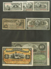Conjunto de 7 billetes del Banco Español de la Isla de Cuba en diferentes calidades y diversas emisiones (el 5 y 10 Pesos con numeraciones curiosas). ...