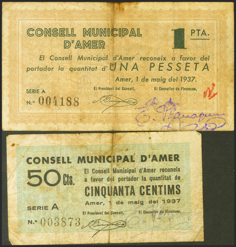 AMER (GERONA). 50 Céntimos y 1 Peseta. 1 de Mayo de 1937. Serie A, ambos. (Gonzá...