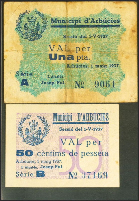 ARBUCIES (GERONA). 50 Céntimos y 1 Peseta. 1 de Mayo de 1937. Series B y A, resp...