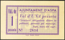 ASPA (LERIDA). 1 Peseta. Marzo 1937. (González: 6440). Raro. SC-.