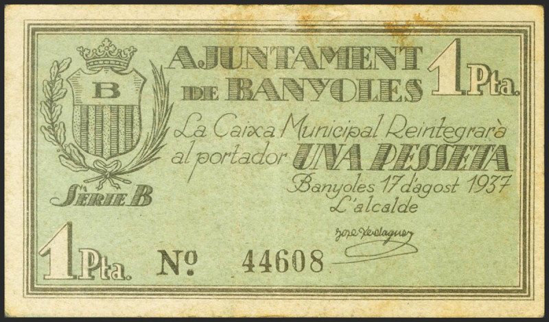 BANYOLES (GERONA). 1 Peseta. 17 de Agosto de 1937. Serie B. (González: 6507). MB...