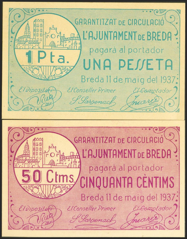 BREDA (GERONA). 50 Céntimos y 1 Peseta. 11 de Mayo de 1937. Serie B, ambos. (Gon...