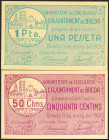 BREDA (GERONA). 50 Céntimos y 1 Peseta. 11 de Mayo de 1937. Serie B, ambos. (González: 7202/03). Inusual serie completa. SC-.