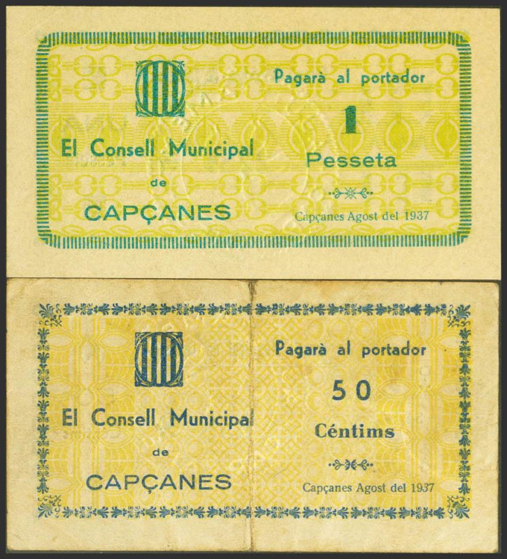 CAPÇANES (TARRAGONA). 50 Céntimos y 1 Peseta. Agosto 1937. Series B y A, respect...