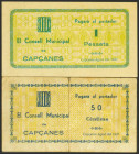 CAPÇANES (TARRAGONA). 50 Céntimos y 1 Peseta. Agosto 1937. Series B y A, respectivamente. (González: 7367, 7368). SC-/BC.