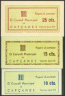 CAPÇANES (TARRAGONA). 10 Céntimos, 15 Céntimos y 25 Céntimos. (1937ca). Serie A, los tres. (González: 7369/71). Muy rara serie completa. SC-.