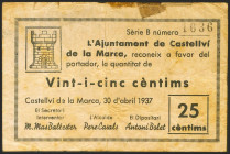 CASTELLVI DE LA MARCA (BARCELONA). 25 Céntimos. 30 de Abril de 1937. Serie B. (González: 7522). Muy raro. MBC.