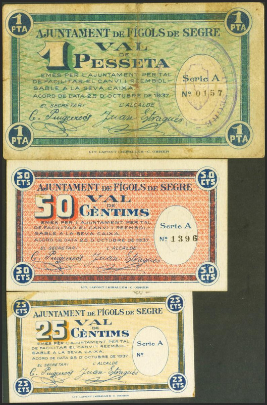 FIGOLS DE SEGRE (LERIDA). 25 Céntimos, 50 Céntimos y 1 Peseta. 25 de Octubre de ...