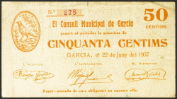 GARCIA (TARRAGONA). 50 Céntimos. 22 de Junio de 1937. (González: 7969). Muy raro. MBC.