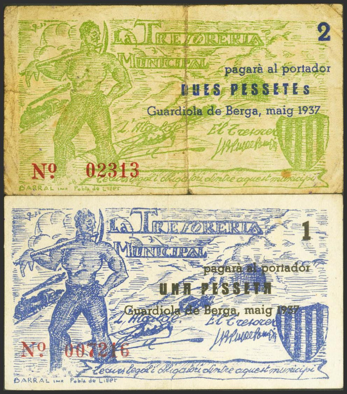 GUARDIOLA DE BERGA (BARCELONA). 1 Peseta y 2 Pesetas. Mayo 1937. (González: 8146...