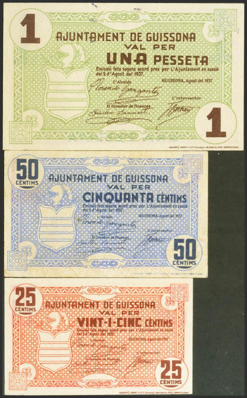GUISSONA (LERIDA). 25 Céntimos, 50 Céntimos y 1 Peseta. 2 de Agosto de 1937. (Go...