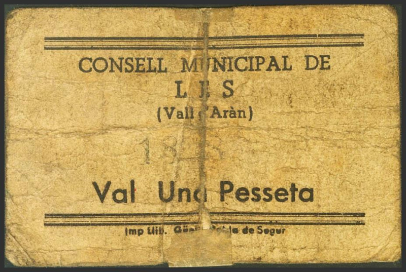 LES (LERIDA). 1 Peseta. (1937ca). (González: 8307). Raro, fortalecido con cinta ...