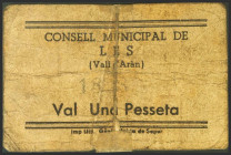 LES (LERIDA). 1 Peseta. (1937ca). (González: 8307). Raro, fortalecido con cinta adhesiva. RC.