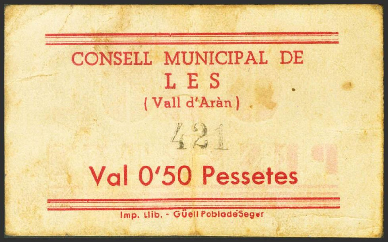 LES (LERIDA). 50 Céntimos. (1937ca). (González: 8308). Raro. MBC.
