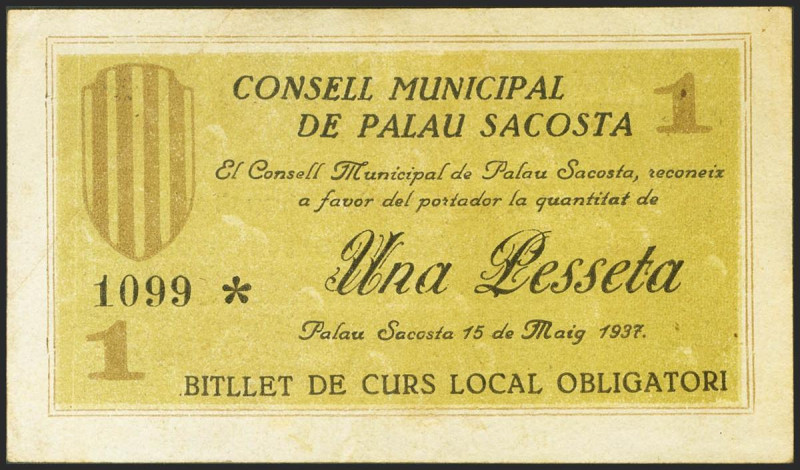 PALAU-SACOSTA (GERONA). 1 Peseta. 15 de Mayo de 1937. (González: 9118). Raro. MB...