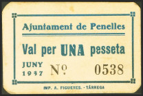 PENELLES (LERIDA). 1 Peseta. Junio 1937. (González: 9185). Inusual. EBC.