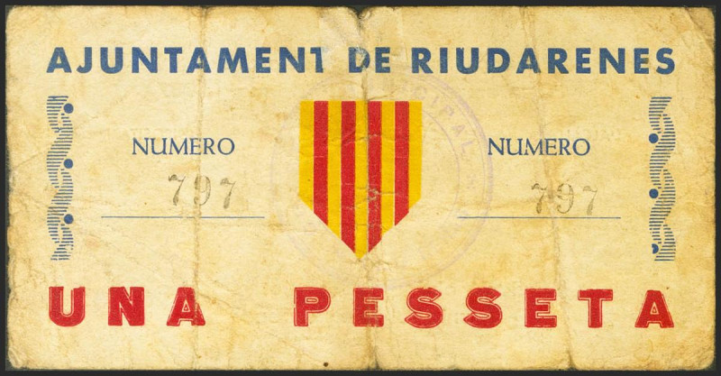 RIUDARENES (GERONA). 1 Peseta. 16 de Mayo de 1937. (González: 9670). Muy raro. M...
