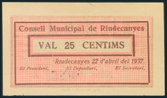 RIUDECANYES (TARRAGONA). 25 Céntimos. 22 de Abril de 1937. Serie A. (González: 9684). Raro. EBC-.