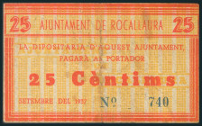 ROCALLAURA (LERIDA). 25 Céntimos. Septiembre 1937. (González: 9711). Raro. BC.