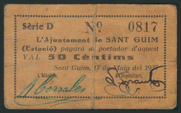 SANT GUIM ESTACIO (LERIDA). 50 Céntimos. 17 de Mayo de 1937. (González: 9854). B...