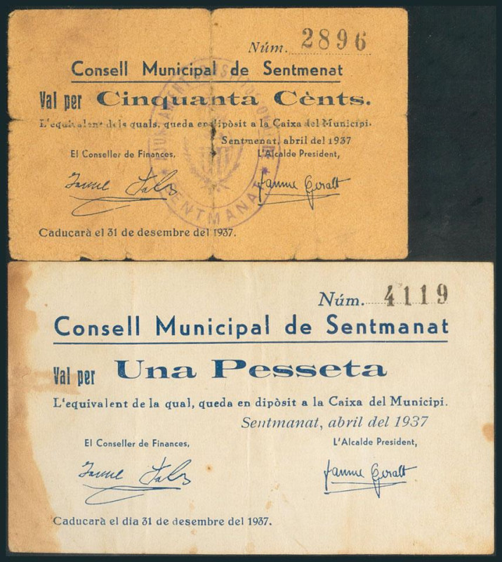 SENTMENAT (BARCELONA). 50 Céntimos y 1 Peseta. Abril 1937. (González: 9949/50). ...