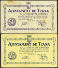 TIANA (BARCELONA). 25 Céntimos y 50 Céntimos. 1 de Mayo de 1937. (González: 10257, 10258). Raros. MBC.