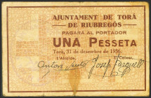 TORA DE RIUBREGOS (LERIDA). 1 Peseta. 31 de Diciembre de 1936. (González: 10294). Muy raro. BC.
