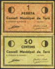 TORA DE RIUBREGOS (LERIDA). 50 Céntimos y 1 Peseta. (1937ca). Serie A, ambos (González: 10297/98). Inusual serie completa. MBC/MBC+.