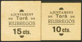 TORA DE RIUBREGOS (LERIDA). 10 Céntimos y 15 Céntimos. (1937ca). (González: 10299/00). Rarísima serie completa. EBC.