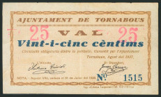 TORNABOUS (LERIDA). 25 Céntimos. Agosto 1937. (González: 10323). Muy raro. EBC.