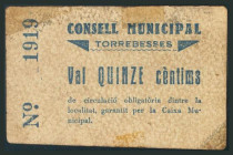 TORREBESSES (LERIDA). 15 Céntimos. (1938ca). (González: 10349). Raro. MBC.