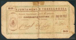 TORREGROSSA (LERIDA). 50 Céntimos. Junio 1937. Serie A. (González: 10361). Muy raro, billete cosido. RC.