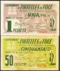 TORRELLES DE FOIX (BARCELONA). 50 Céntimos y 1 Peseta. Junio 1937. Serie A, ambos. (González: 10372/73). Inusual serie completa. MBC.